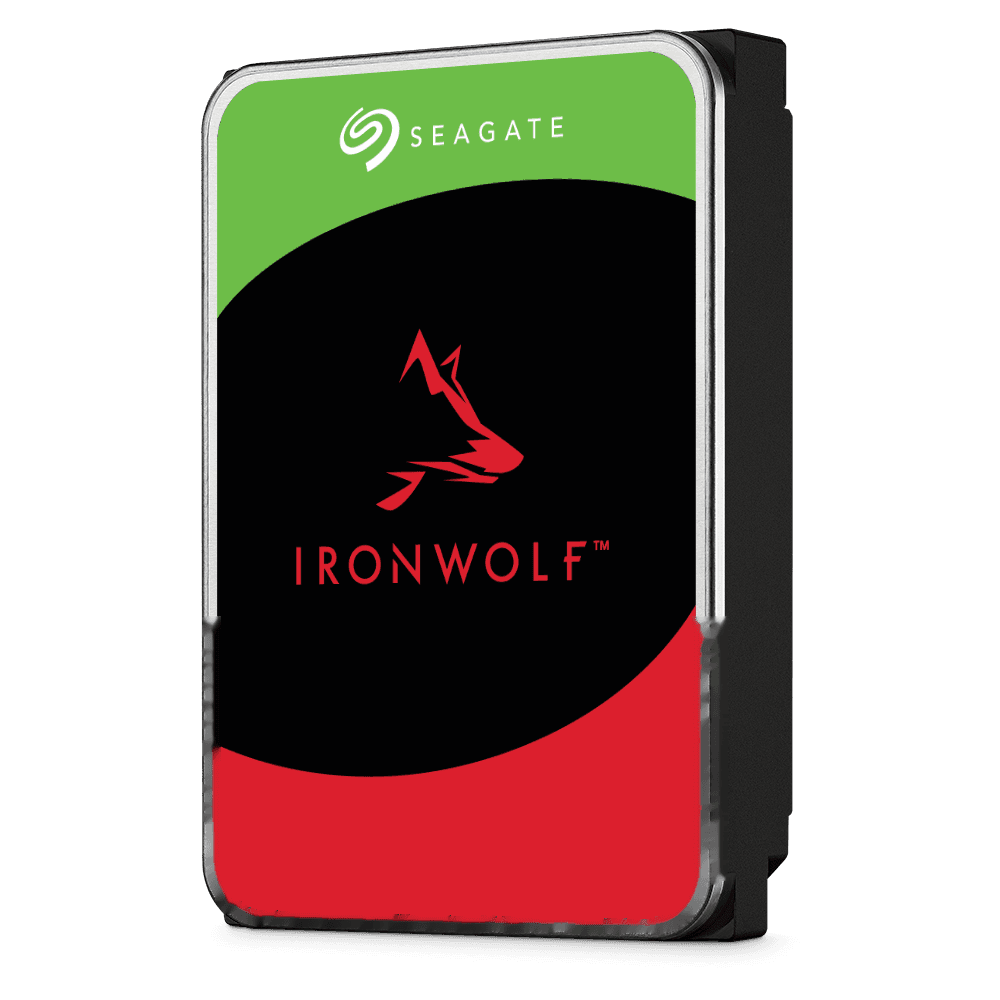 Seagate IronWolf NAS hard drive on its 3.5-inch chassis with the red wolf badge — stocked 1TB to 12TB.