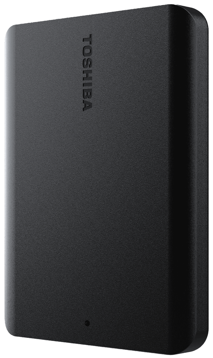Toshiba Canvio external hard drive in slim matte black USB 3.0 chassis.
