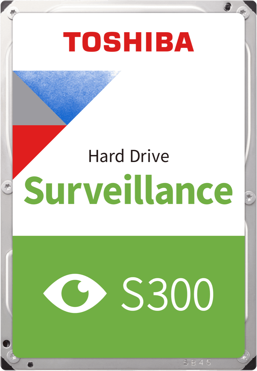 Toshiba S300 surveillance hard drive with the green eye badge for 24/7 recording.