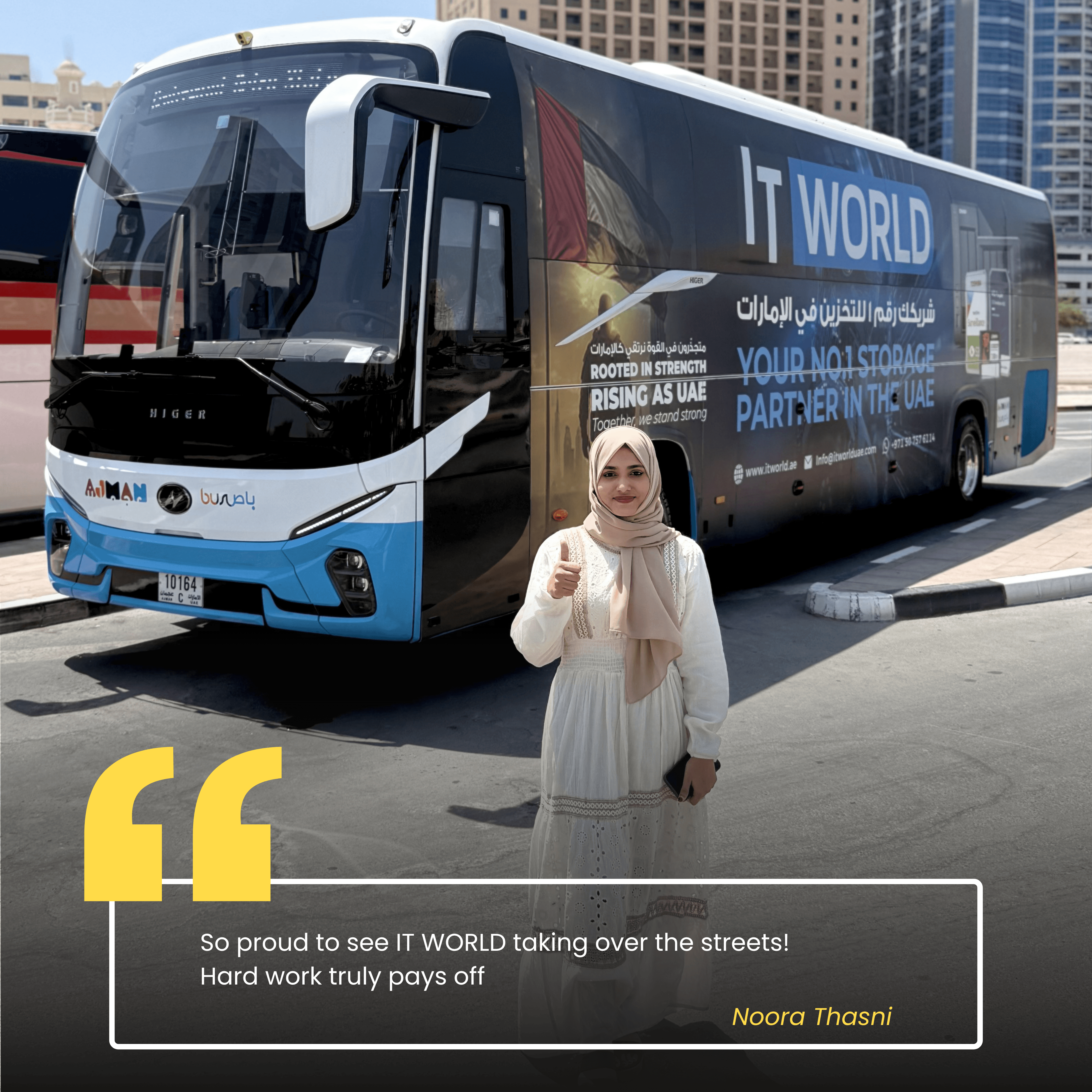 Noora — IT World Trading team member, photographed beside the RTA campaign bus