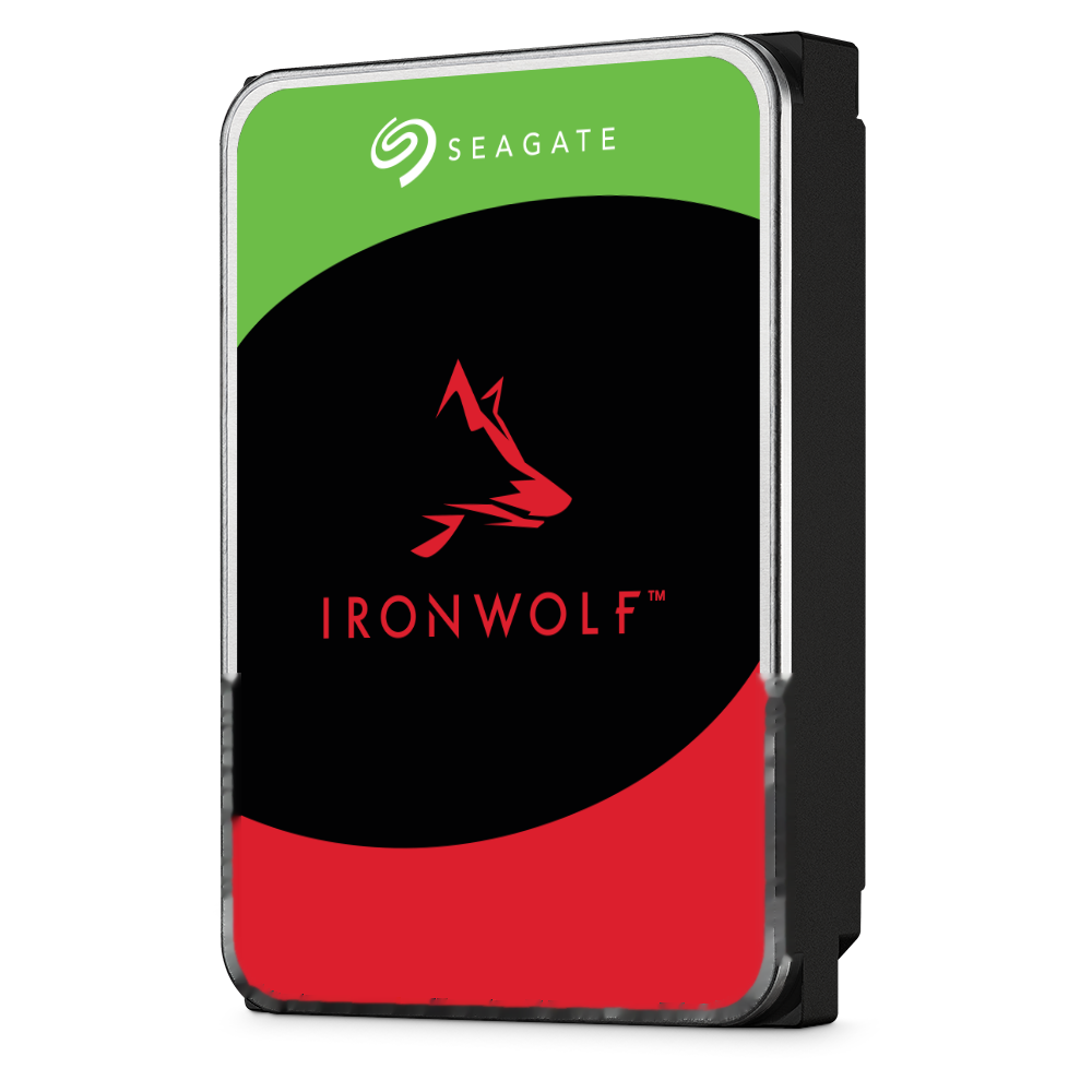Seagate IronWolf NAS hard drive on its 3.5-inch chassis with the red wolf badge — stocked 1TB to 12TB.