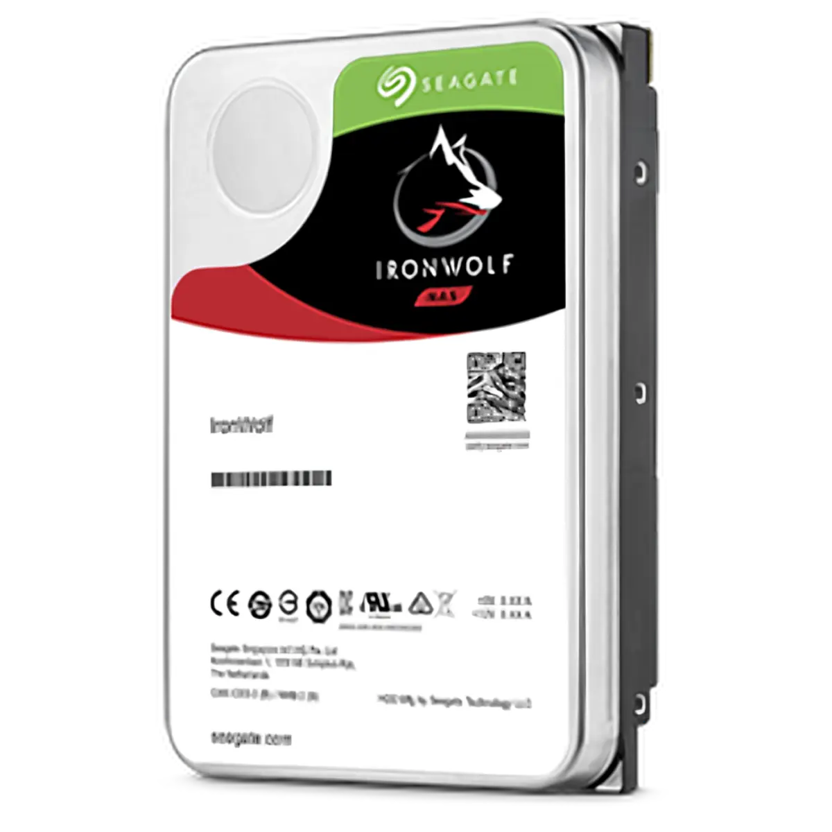 Seagate IronWolf NAS hard drive on its 3.5-inch chassis with the red wolf badge — stocked 1TB to 12TB.